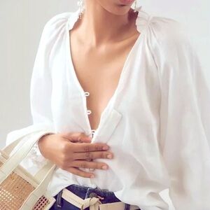 Maeve by Anthropologie Blouse The Audie Linen Puff-Sleeve White BohoChic Prairie